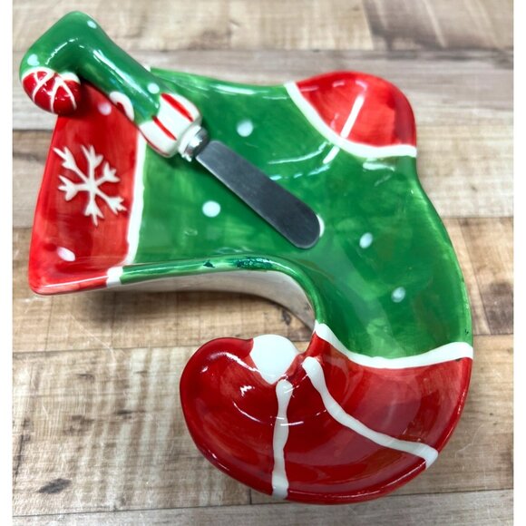 Christmas Elf Boot Shaped Ceramic Serving Dish With Spreader Knife - Picture 2 of 4